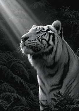 Monochrome Tiger in Forest Sunlight