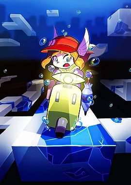 Cartoon Girl on Scooter in Abstract City