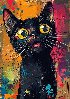 Surprised Black Cat Colorful Art