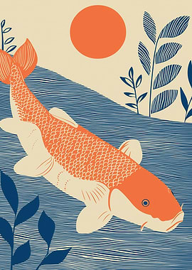 Koi Fish Illustration with Sun and Plants