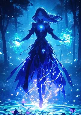 Mystical Woman with Blue Energy in Forest