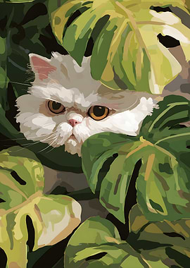 White Cat in Tropical Foliage