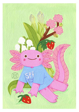 Axolotl with Flowers and Strawberries