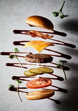 Deconstructed Burger with Floating Ingredients