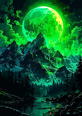 Green Moon Over Mountain Landscape