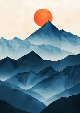 Blue Mountain Range with Orange Sun