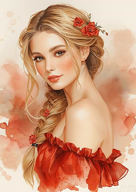 Blonde Woman with Red Roses