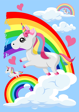 Cartoon Unicorns with Rainbows and Clouds