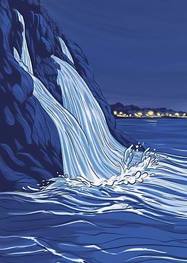 Waterfall at Night Illustration