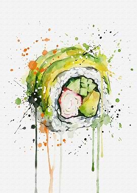 California Sushi Roll Watercolor