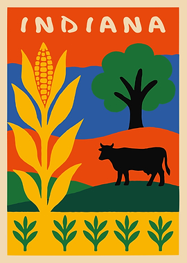 Indiana Landscape Illustration with Corn and Cow