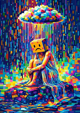 Colorful Sadness: Box Head in the Rain