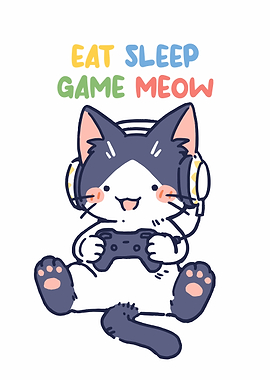 Cute Cat Gamer Illustration
