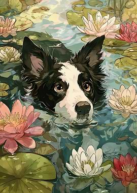 Dog Swimming Among Lily Pads