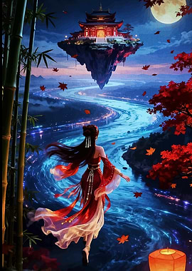 Fantasy Asian Landscape with Woman and Temple