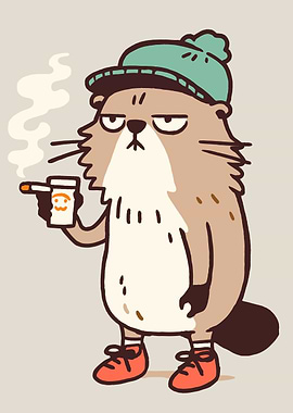 Cartoon Otter with Coffee and Hat