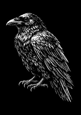 Detailed Raven Illustration on Black Background