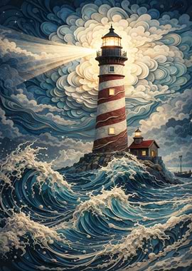 Lighthouse on Rocky Coast with Waves
