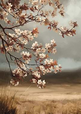 Blooming Tree Branch in Field Painting