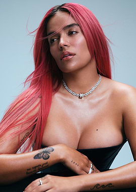 Karol G portrait with pink hair