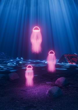 Glowing Jellyfish in Deep Blue Sea