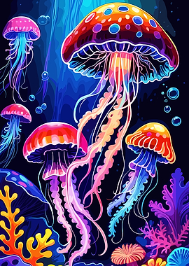 Colorful Jellyfish in Deep Blue Sea