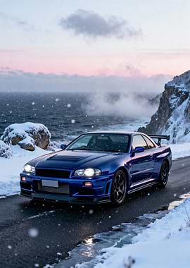 Blue Nissan Skyline R34 in Winter