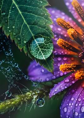 Dew Drops on Flower and Leaf