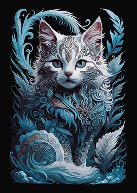 Ornate White Cat Portrait in Blue Tones
