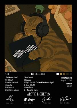 Cat listening to Arctic Monkeys album