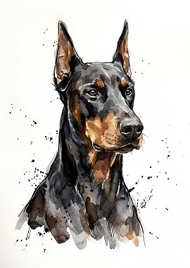 Doberman Pinscher Watercolor Portrait