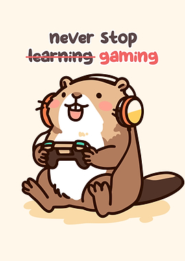 Cute Beaver Gamer Cartoon Illustration
