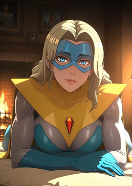 Blonde Superheroine Relaxing by Fireplace