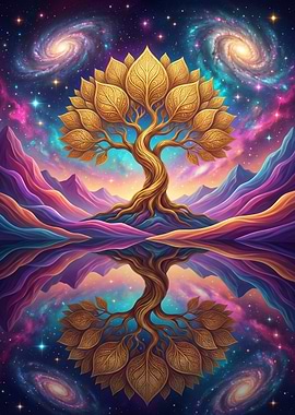 Golden Tree under cosmic sky Reflection