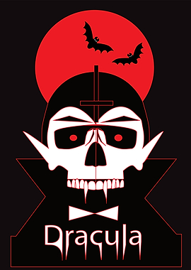 Dracula Skull with Bats and Moon