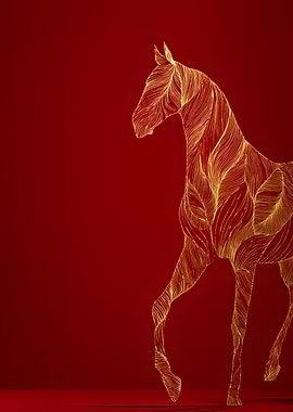 Golden Horse on Red Background