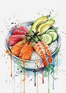 Watercolor Chirashi Don Japanese Food