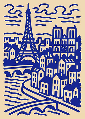 Paris Cityscape Illustration in Blue