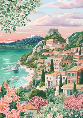 Coastal Town with Mountain View Painting