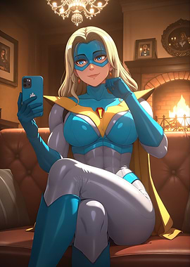 Superheroine Selfie in Cozy Living Room