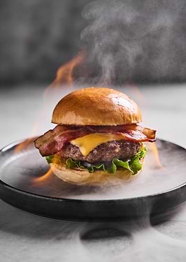 Gourmet Burger with Smoke and Flames