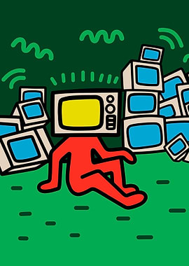 TV Head Character Surrounded by TVs