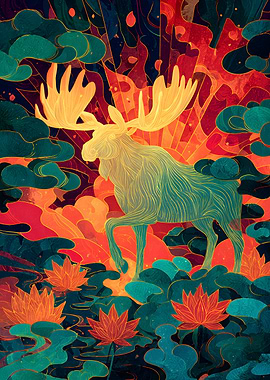 Stylized Moose in Floral Landscape