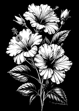Hibiscus Flowers Black and White Illustration