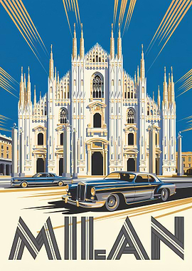 Milan Travel Poster with Classic Cars