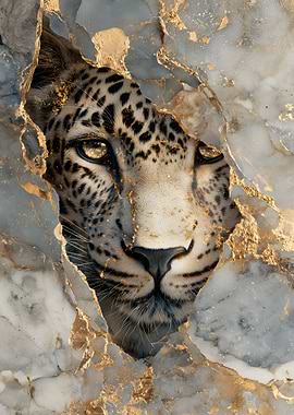 Leopard emerging from marble with gold