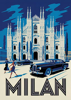 Milan Travel Poster with Classic Cars