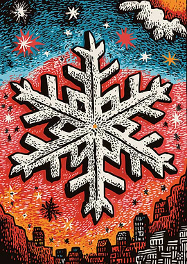 Winter Snowflake Over Cityscape Art
