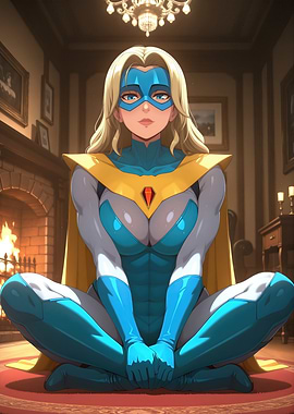 Blonde Superheroine Sitting in Lotus Position