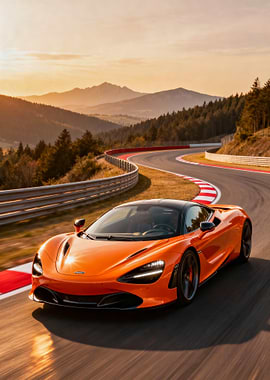 Orange McLaren on Racetrack at Sunset